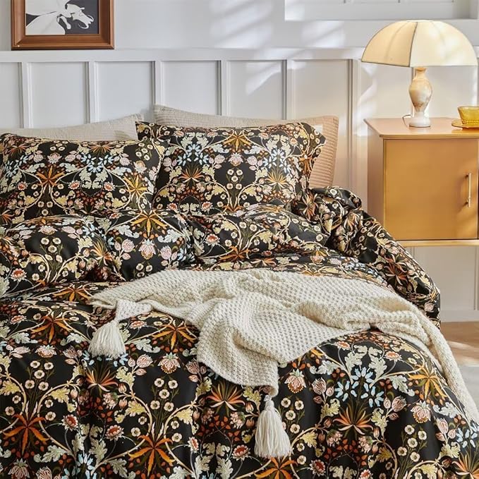 MKXI Shabby Chic Floral Black Comforter Set Nature-Inspired Bedding Comforters Cottage Style Botanical Bed Comforter Set Bohemian Full Size Comforter Set Black Floral