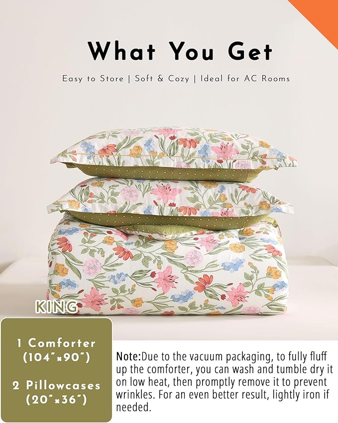 Luxurious Cotton 3pcs Floral Comforter Sets King Size - Blush, Yellow & Blue Spring Garden Floral Prints on White, Warm Olive Green Reverse,Vintage Lightweight Bedding Sets(King 104"×90")
