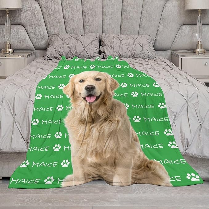 Custom Pet Name Blanket Personalized Dog Memory Blankets with Photos Customized Puppy Blanket for Large Medium Small Dog, Dog Gift for Dog Lovers Mom Dad Cute Dog Cat Paw Prints