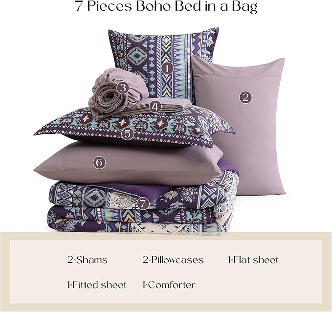 Geniospin Queen Comforter Set - 7 Pieces Bedding Set, Boho Bed in A Bag, Lightweight Soft Aztec Bedding, All Season Bed Comforter Set with Sheets, Pillowcases & Shams