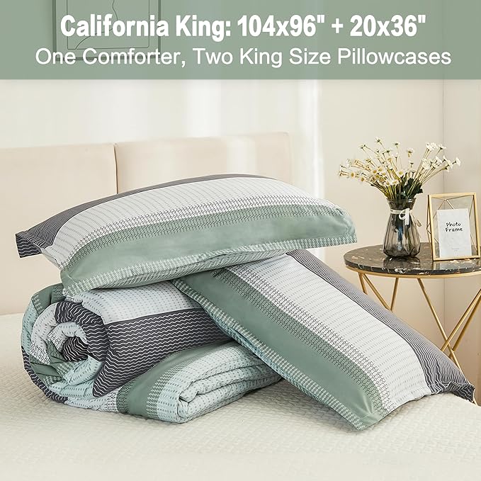 Litanika California King Comforter Set Sage Green - 3 Pieces Cal King Oversized Lightweight Summer Green White Colorblock Stripe Bedding Set (104x96In, 2 Pillowcases)