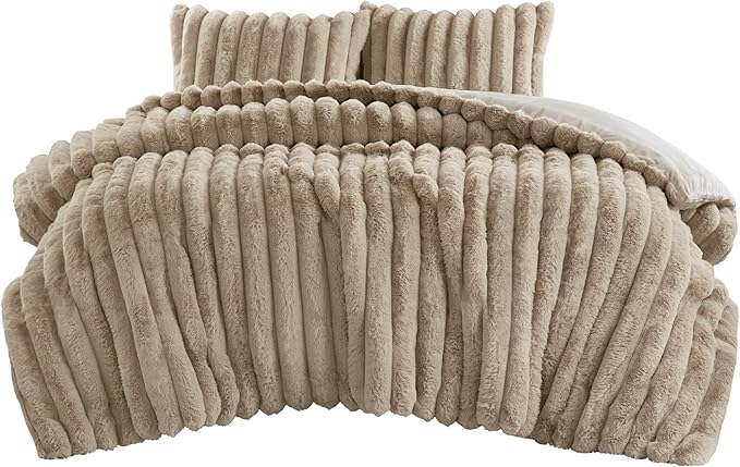Madison Park Jasmine King Comforter Set, Luxurious Reversible Faux Fur Plush Ribbed Velvet Bedding, Fuzzy Thick Warm Winter Comforter, Super Soft Fluffy 3-Piece Set Taupe