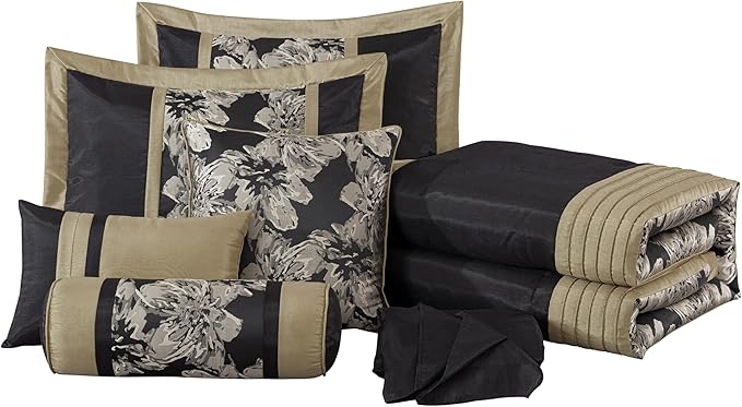 Chezmoi Collection Kelsey Comforter Set California King Size, 7-Piece Black Gold Hibiscus Floral Jacquard Bedding Set