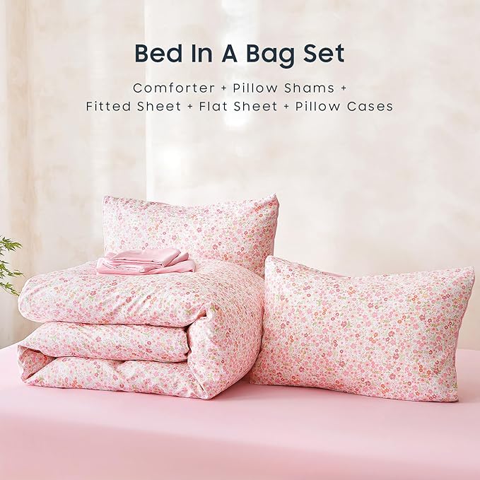 Wake In Cloud - Floral Comforter Set with Sheets, Cute Vintage Flower Cottagecore Aesthetic for Women Teen Girls, 5 Pieces Bed in a Bag, Pink, Twin Size