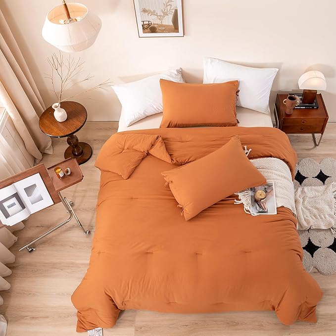 Burnt Orange Queen Size Comforter Set, Rust Comfy Fluffy Ultra Soft Polyester Cotton Blend, 3 Pieces Solid Terracotta Bedding Down Quilted Blanket Comforter & Pillowcase for All Season Use