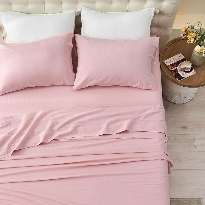 Simple&Opulence Belgian Linen Sheet Set Solid Color - 4 Pieces (1 Flat Sheet & 1 Fitted Sheet & 2 Pillowcases) Natural Flax Cotton Blend Soft Bedding Breathable Farmhouse - Pale Pink, Full Size