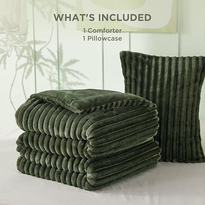 Bedsure Twin/Twin XL Comforter Set - GentleSoft™ 2 Pieces Fluffy Double-Side Fleece Comforter Set, Cozy Striped Room Decor Aesthetic, Luxury Olive Green Twin Bedding with 1 Pillowcase, 68x88 Inches