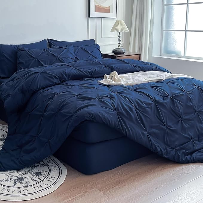 Maple&Stone Navy Blue Comforter Queen Size, 7 Pieces Bed in a Bag Queen, Pintuck Bedding Sets with Comforter, Sheets, Pillowcases & Shams - Navy