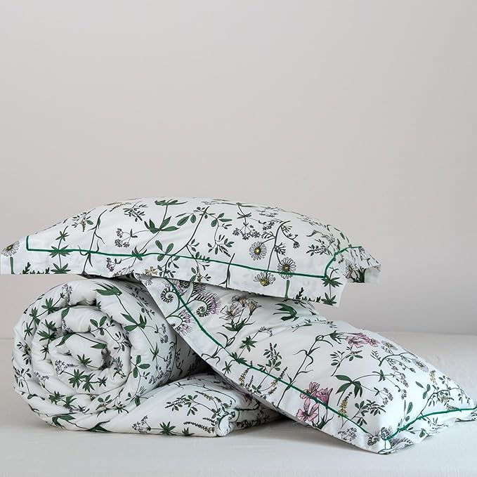 Cotton Comforter King Size Set – White Green Botanical Floral Bedding, Soft & Breathable Comforter, All-Season Down-Alternative Filling, 1 Comforter & 2 Pillow Shams