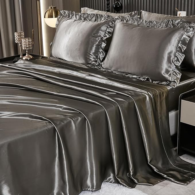 Grey Comforter Set with Satin Sheet Set Queen 8 Pieces Silk Like Satin Bedding Set Luxury Silky Ruffle Pattern Home Deocr Sexy Hotel Silky Bed Set with 1 Cushion Cover
