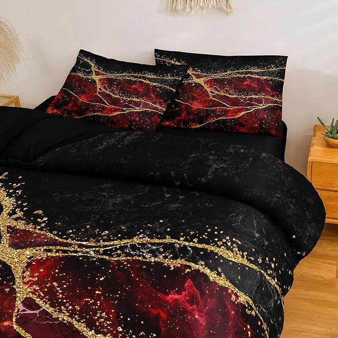 Gold Comforter Set 8 Pcs Red Marble Bedding Set King Size Bed in A Bag Red and Black Marble Stone Texture Abstract Room Decor
