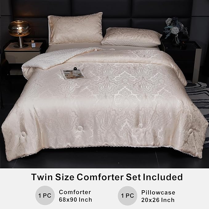 Jacquard Comforter Set - Luxury Warm Paisley Floral Pattern Twin Size Bedding with 1 Pillowcase All-Season Soft & Lightweight 3D Bubble Design Bed Set (68x90 Inches Rose Gold)