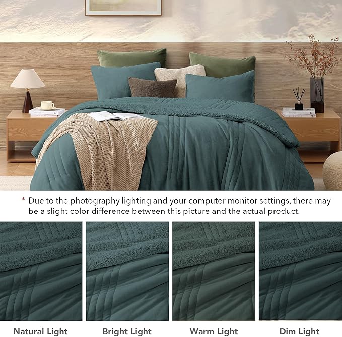 Monbix Fluffy King Size Comforter Set – 3 Piece Cozy Sherpa Comforter King Size Teal, Winter Warm Fleece Bedding Set, Luxury Coco Plush Winter Fuzzy Bed Set, 1 Comforter with 2 Pillowcases
