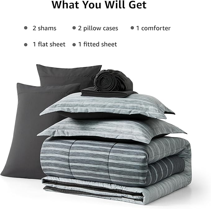 Monbix Queen Comforter Set - 7 Pieces Bed in a Bag Queen, Grey-Stripe Bedding Sets, All Seasons Comforter Bed Set with Sheets, Pillowcases & Shams