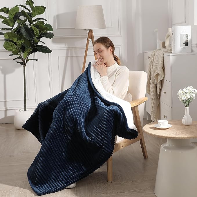 Electric Blanket Twin Heated Blanket 62"x84" Striped Flannel & Thick Sherpa, 5 Heat Settings & 10 Hour Auto Off with FCC/ETL Certified, Overheat Protection & Machine Washable, Navy Blue