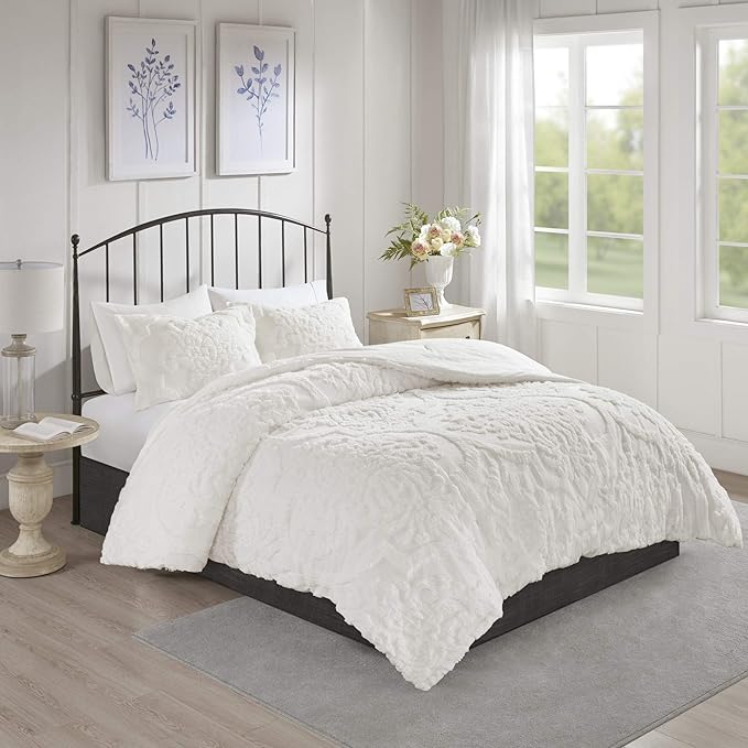 Madison Park Tufted Chenille Cotton Comforter, All Season Bedding Set, Matching Shams, Viola, Damask Off White King/Cal King(104"x92") 3 Piece