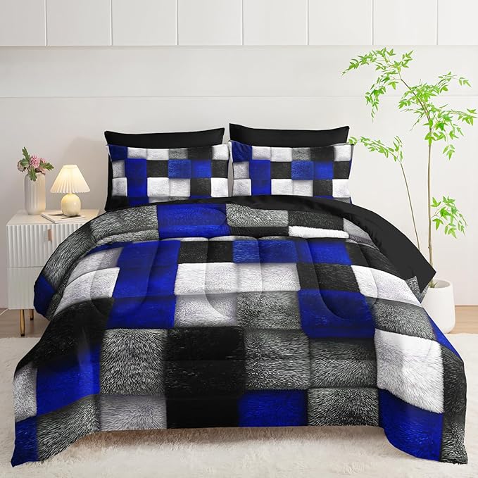 7 Piece Black White Blue Checkered King Size Comforter Set with Sheets,King Size Quilt Bedding Set Checkered,(1 Comforter, 1 Flat Sheet, 1 Fitted Sheet, 2 Pillowcase and 2 Pillow Sham)