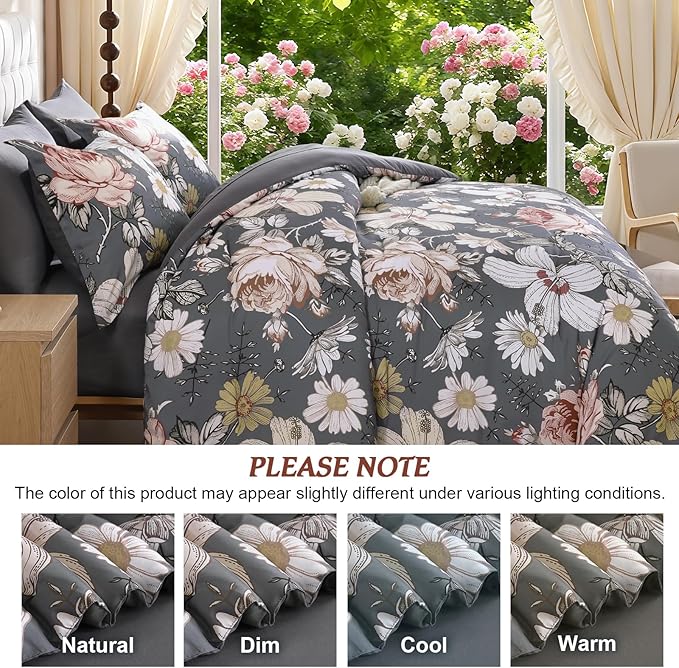 Luxudecor Queen Comforter Set 7 Pieces Bedding Sets,Gray Floral Comforter and Sheet Set,Soft Microfiber Bed in a Bag for All Seasons (Gray,90"x90")