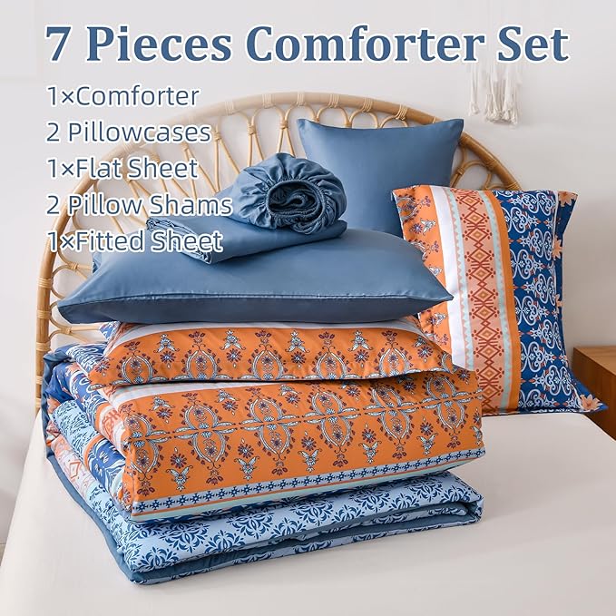 WONGS BEDDING Boho Comforter Set King, Blue and Orange Bedding Set 7 Pieces Bed in a Bag Bohemian Striped Bedding Comforter Sets Soft Microfiber Comfortet and Sheet Set for All Season