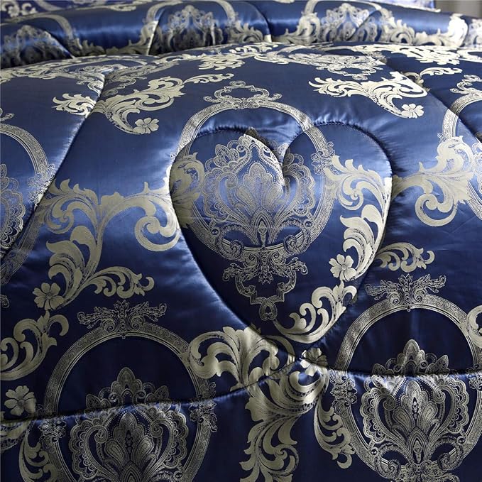 Comforter Set Satin Silk Blanket All Season Bed Luxury Royal Blue Jacquard Quilt Bedding Sets Matching 2 Pillow Shams (Full/Queen, 88x88 inches, 3 Pieces)
