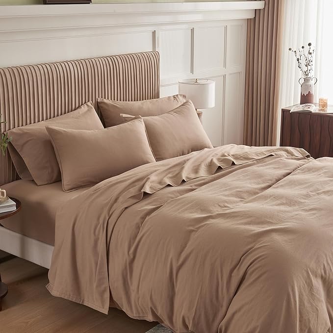 Simple&Opulence Belgian Linen Sheet Set Solid Color - 6 Pieces (1 Flat Sheet & 1 Fitted Sheet & 4 Pillowcases) 16" Deep Pocket Natural Flax Cotton Blended Soft Bedding - Clay, Queen Size