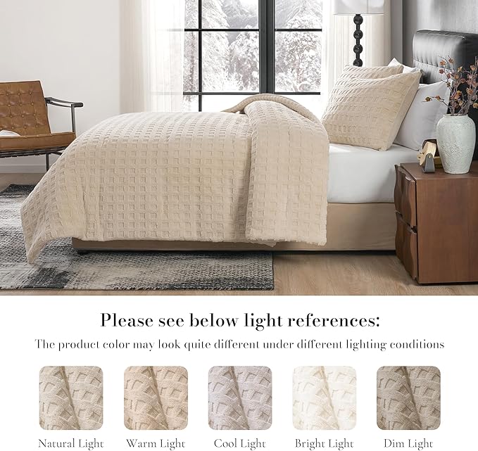 Amélie Home Waffle Comforter Queen Set, Khaki Fluffy Fleece Bedding Set, Super Soft Fluffy Plush Bedding Set for Winter, 3 Pieces, 1 Fuzzy Comforter and 2 Pillowcases