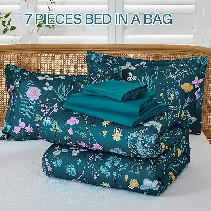 Yiran Teal Blue Comforter Set King Size, 7 Piece Floral Botanical Comforter Bedding Set, Farmhouse Bed in a Bag, Soft Microfiber Complete Bedding Set with Sheets for All Season