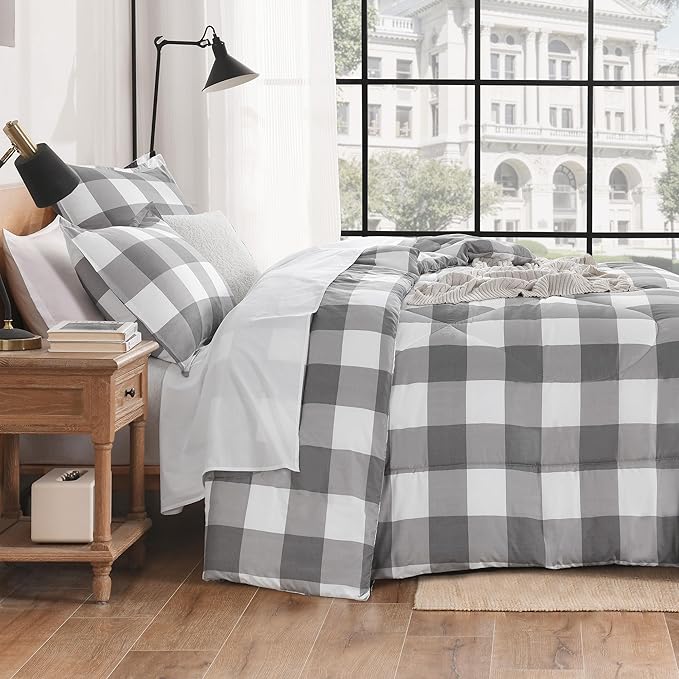 Andency Plaid Comforter Twin XL(68x92Inch), Gray White Checkered Gingham Buffalo Grid Bed Set for Students Boys Kids Teens, 2 Pieces Lightweight Microfiber Geometric Dorm Bedding