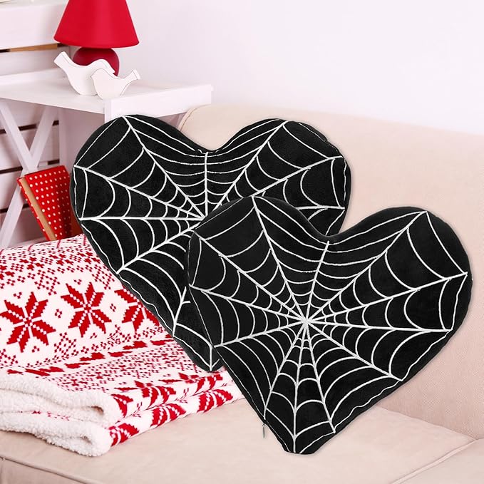 2 Pcs Valentine Gothic Heart Shaped Plush Pillows Gothic Black Spider Web Decor Soft Throw Pillows Valentines Day Pillow Room Decorative for Bedroom Living Room Couch Chair Sofa