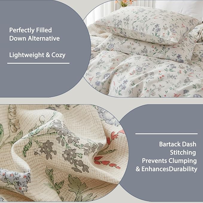 Floral Comforter Set King Size Green Floral Bedding Set 3 Pieces 100% Cotton Farmhouse Botanical Bedding Breathable Soft Reversible Comforter for All Seasons
