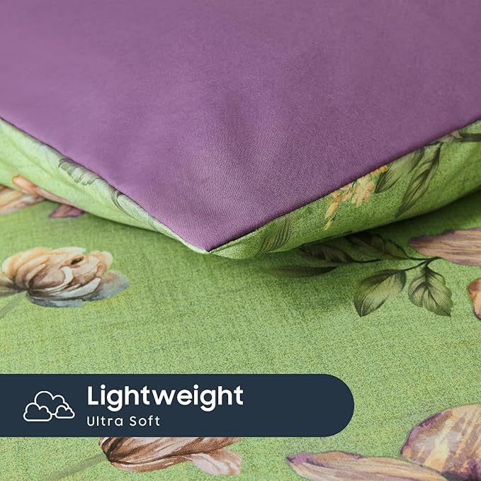 Wake In Cloud - Floral Comforter Set, Cottagecore Cottage Rustic Farmhouse Style with Botanical Flowers and Leaves Pattern, Soft Lightweight Bedding, 3-Piece, Green Purple, Twin/Twin XL Size