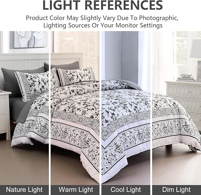Dobuyly Floral Queen Comforter Set, 7 Piece Bed in a Bag Queen Size Grey Flowers on White Botanical Bedding Set, Soft Microfiber Bedding Comforter Sets with Sheets for All Season
