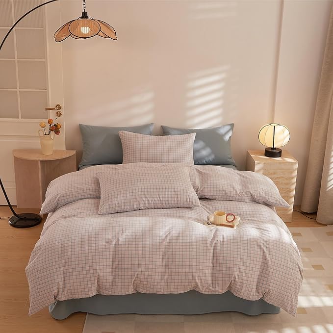 HighBuy Pink Blue Gingham Comforter Set Queen Size Boho Plaid Checkered Pattern Comforter Comforter Set with 2 Pillowcases Fluffy Geometric Grid Printed Gingham Bedding Set Queen