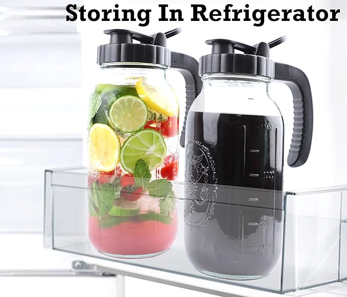 Mason Jar Pitcher 64 Oz With Handle Lid 2 Quart Sun Tea Glass Jar For Iced Hot Water 2 Set Wide Mouth Half Gallon Mason Jar Pitcher For Fridge Store Breast Milk Beverage Tea Coffee Airtight Water Jug