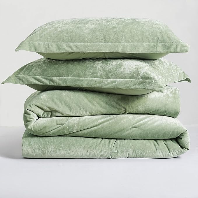 Luxury Velvet King Size Comforter Set, 3 Pieces Reversible Brushed Solid Microfiber Back, All Season Cozy, Soft, Warm (Sage Green,104x90 in)
