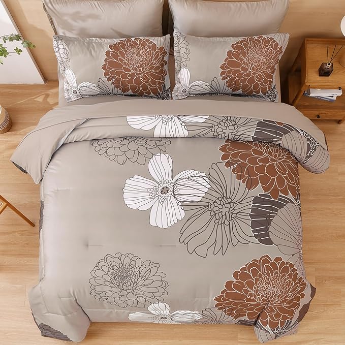 Yiran Taupe Brown Comforter Set Queen Size,7 Pieces Bed in a Bag Floral Comforter,Soft Microfiber Bedding Sets for All Seasons,90"×90"