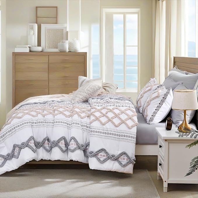 MOVE OVER Beige and Gray Tufted Comforter Set Queen Size 5 Pieces Bohemian Style Geometric Tufted Bedding Set Farmhouse Boho Aztec Comforter Set with 2 Decor Pillow Covers for Room Decor