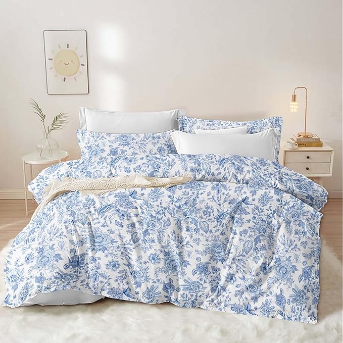 Nayoroom Blue Floral Comforter Set Queen Size Blue and White Botanical Flower Pattern Spring Bedding Set 3 Pieces Soft Lightweight Aesthetic Garden Comforter for All Seasons