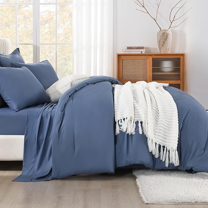Litanika Super King Comforter Sets Ocean Blue - 7 Pieces Bed in a Bag Oversized King Bedding Comforter Sets, Solid Lightweight Bed Set with Comforter, Sheets, Pillowcases & Shams