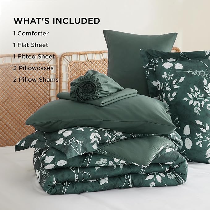 Bedsure Full Size Comforter Set - 7 Pieces Floral Forest Green Soft Bedding Sets, Full Bed in a Bag with Botanical Flowers Comforter, Sheets, Pillowcases & Shams