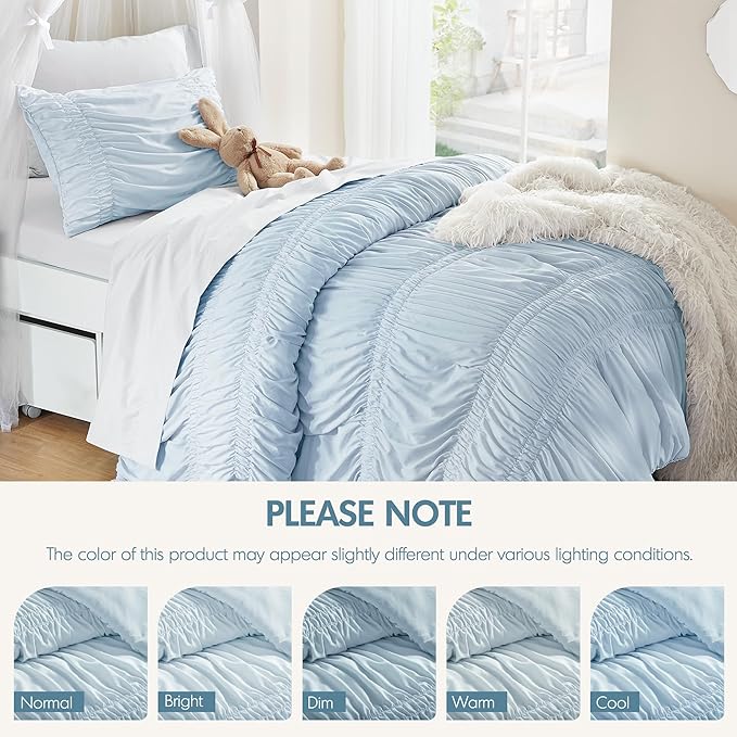 Intelligent Design Ruched Shabby Chic Comforters for Twin Size Bed, All Season Lightweight Comforter Twin, French Country Bedding Set, Sham, Ella, Twin/Twin XL, Blue, 2 Piece