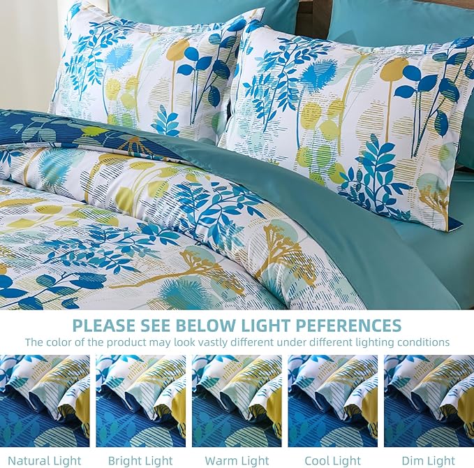 Anibedding 7Pieces King Size Comforter Set, Blue Yellow Botanical Bed in a Bag Complete Set with Sheet Pillowcase for Bedroom All Season