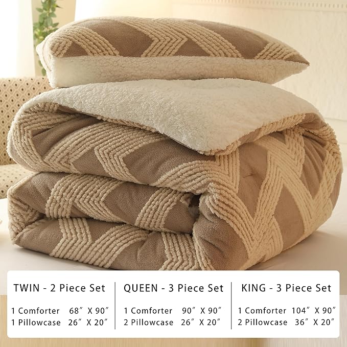 Tufted Boho Comforter Set Twin - Beige Fluffy Sherpa Bedding Set, Soft Fuzzy Jacquard Quilt Set, 2 Pieces Cozy Bed Set Warm Comforter for Winter(68"X90")