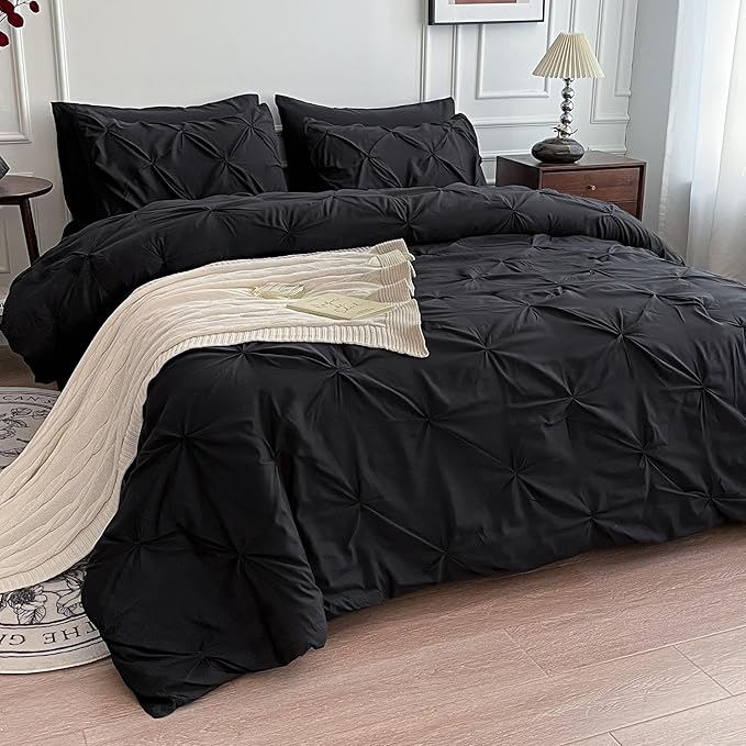 Maple&Stone Black Queen Comforter Set, 7 Pieces Bed in a Bag Queen, Pintuck Bedding Sets with Comforter, Sheets, Pillowcases & Shams - Black