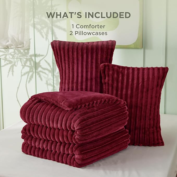 Bedsure Comforter Full Size - GentleSoft™ 3 Pieces Fluffy Double-Side Fleece Comforter Set, Cozy Striped Room Decor Aesthetic, Luxury Red Full Size Bedding with 2 Pillowcases, 82x86 Inches