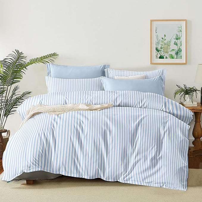 Nayoroom Blue Striped Comforter Set Queen Size White Stripe Comforter 3 Pieces Girls Soft Lightweight Pinstripe Dorm Bedding Set for All Seasons