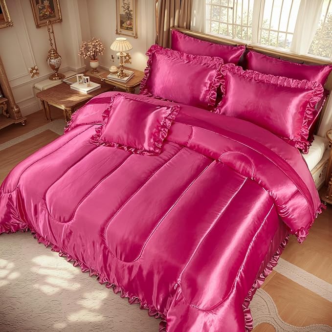 Bedding_Dreamer Queen Size Satin Bed in a Bag Hot Pink Bedding Set Silk Like Silky Comforter Set Sexy Silky Sheet Set Luxury Hotel Room Decor Womens Girly Bed Sets Ruffled Gothic Down Comforter 8 Pcs