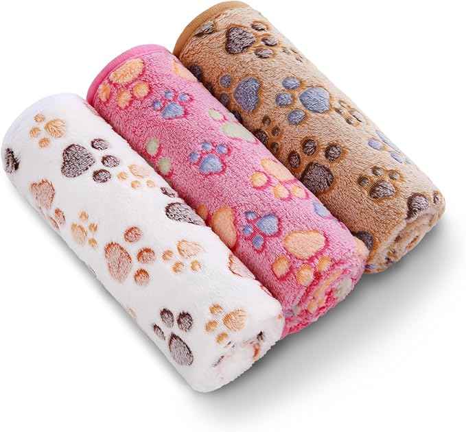 Luciphia 2 Pack 3 Blankets Super Soft Fluffy Premium Fleece Pet Blanket Flannel Throw for Dog Puppy Cat Paw Brown/Pink/White Small(23x16 inch)