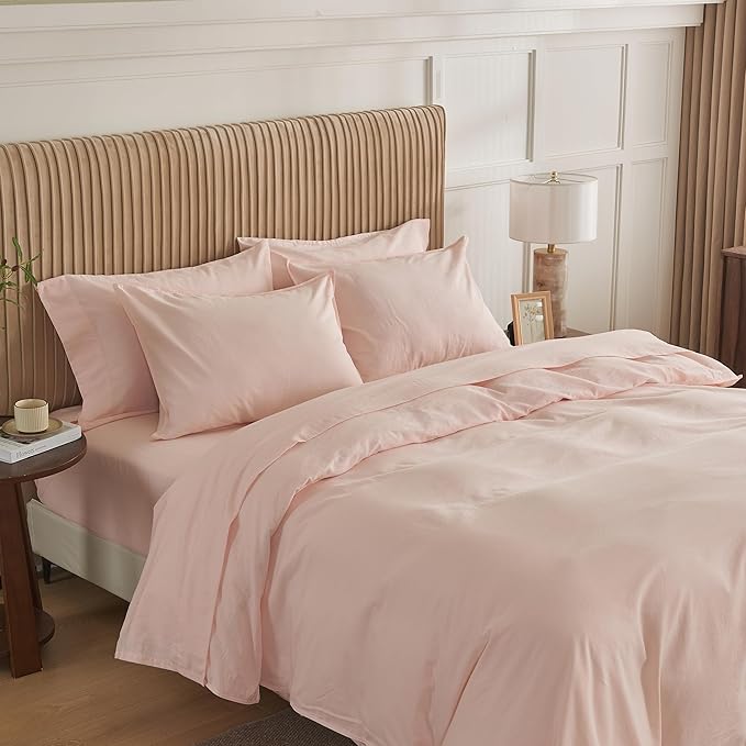 Simple&Opulence Belgian Linen Sheet Set Solid Color - 6 Pieces (1 Flat Sheet & 1 Fitted Sheet & 4 Pillowcases) 16" Deep Pocket Natural Flax Cotton Blended Soft Bedding - Pale Pink, California King