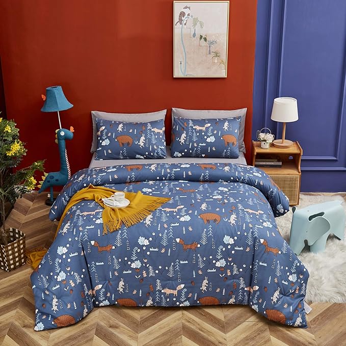 CLOTHKNOW Kids Comforter Sets Twin Navy Blue Animal Woodland Bedding Comforter Sets Cartoon Forest Fox Rabbit Comforter with 2 x Pillow Cases